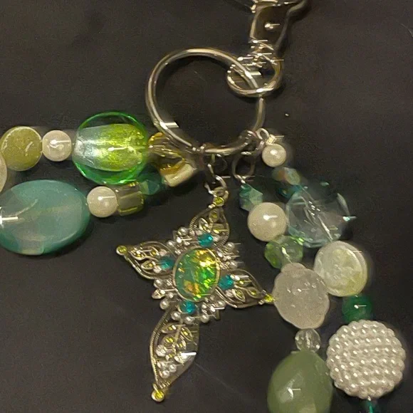 Cross and jewels Bag Charm- Elegant Green and Silver Beaded Keychain HANDMADE! - Picture 3 of 3